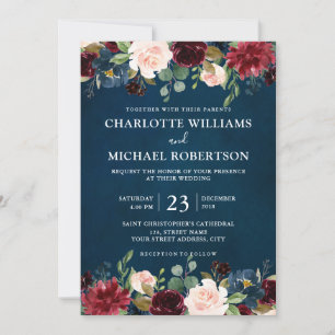 Burgundy Red Navy Blue Floral Rustic Boho Invitation