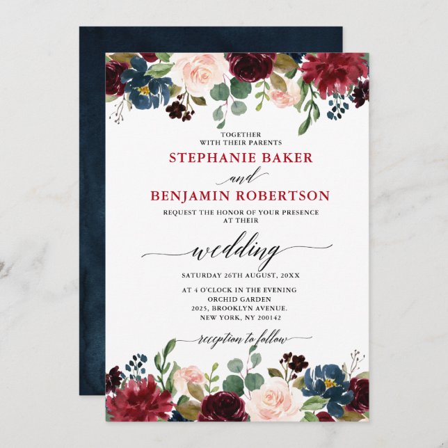 Burgundy Red Navy blue Floral Rustic Boho wedding Invitation (Front/Back)