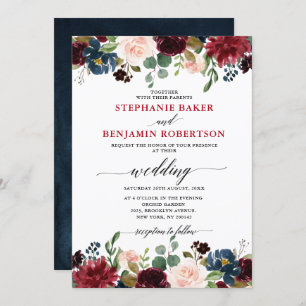 Burgundy Red Navy blue Floral Rustic Boho wedding Invitation