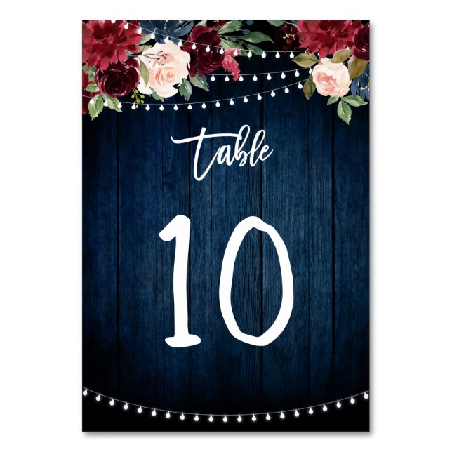 Burgundy Red Navy Blue Floral String Lights Table Number (Front)