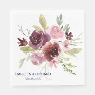 Burgundy Red Navy Blue Floral Wedding Napkin