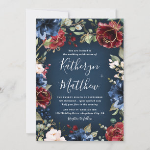 Burgundy Red Navy Blue Gold and Blush Pink Wedding Invitation