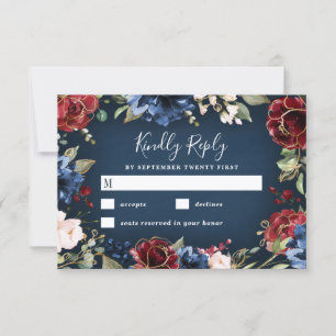 Burgundy Red Navy Blue Gold and Blush Pink Wedding RSVP Card