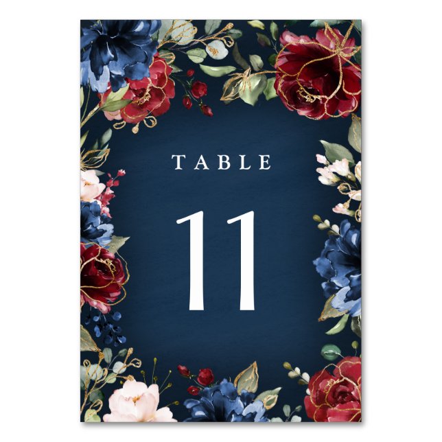 Burgundy Red Navy Blue Gold and Blush Pink Wedding Table Number (Front)