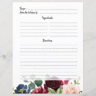 Burgundy Red Navy Blush Bridal Shower Recipe card