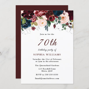Burgundy Red Navy Blush Floral 70th Birthday Party Invitation