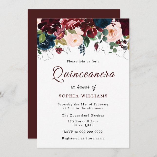 Burgundy Red, Navy Blush Floral Quinceanera Party Invitation (Front/Back)