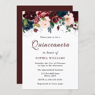 Burgundy Red, Navy Blush Floral Quinceanera Party Invitation