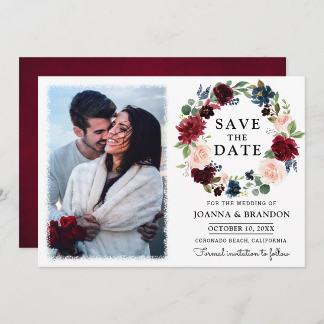 Burgundy Red Navy Blush Floral Save the Date Invitation (Front/Back)