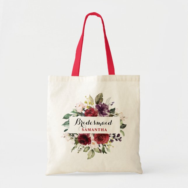 Burgundy Red Navy Floral Boho Bridesmaid gift Tote Bag (Front)