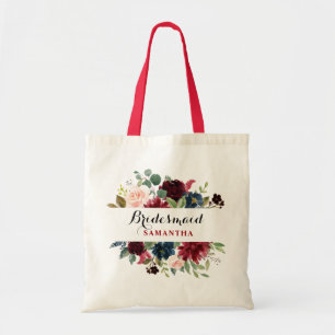 Burgundy Red Navy Floral Boho Bridesmaid gift Tote Bag