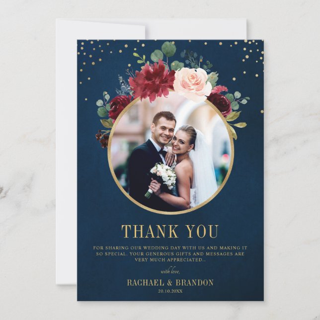 Burgundy Red Navy Floral Boho Wedding photo Thank You Card (Front)