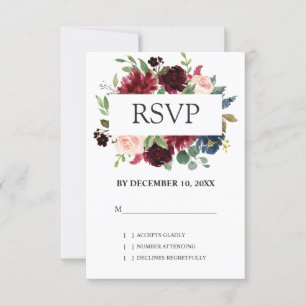 Burgundy Red Navy Floral Boho Wedding RSVP