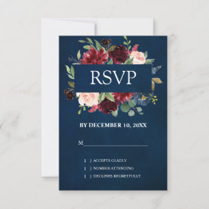 Burgundy Red Navy Floral Boho Wedding RSVP