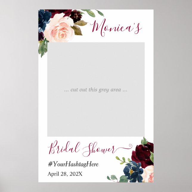 Burgundy Red Navy Floral Bridal Shower Photo Booth Poster (Front)