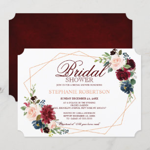 Burgundy Red Navy Floral Geometric Bridal Shower Invitation