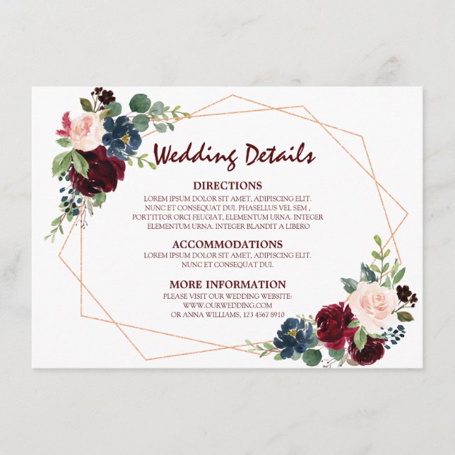 Burgundy Red Navy Floral Geometric Wedding Details Enclosure Card (Front)