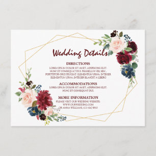 Burgundy Red Navy Floral Geometric Wedding Details Enclosure Card