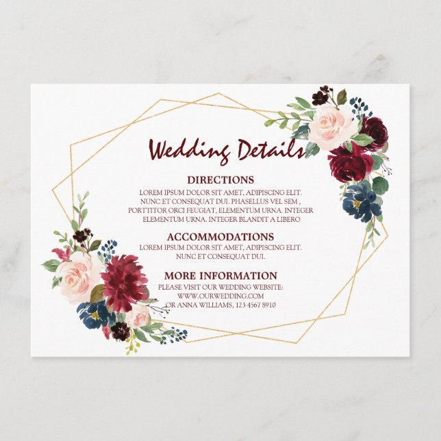 Burgundy Red Navy Floral Geometric Wedding Details Enclosure Card (Front)