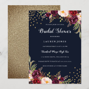 Burgundy Red Navy floral Gold Bridal Shower Invitation