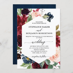 Burgundy Red Navy Floral modern geometric wedding Invitation