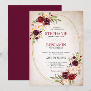 Burgundy Red Navy Floral modern geometric wedding Invitation