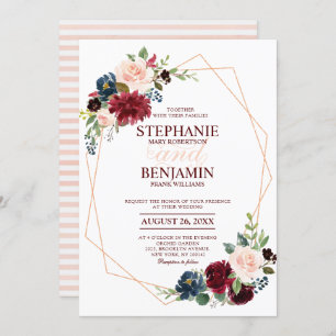 Burgundy Red Navy Floral modern geometric wedding Invitation