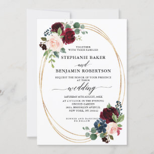 Burgundy Red Navy Floral modern geometric wedding Invitation