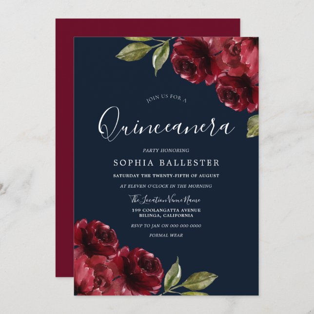 Burgundy Red & Navy Floral Quinceanera 15th Party Invitation (Front/Back)