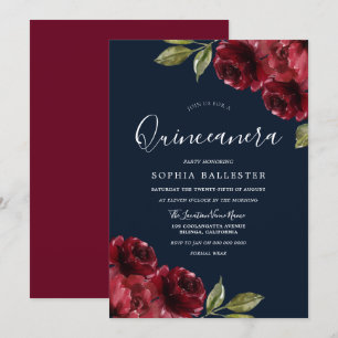Burgundy Red & Navy Floral Quinceanera 15th Party Invitation