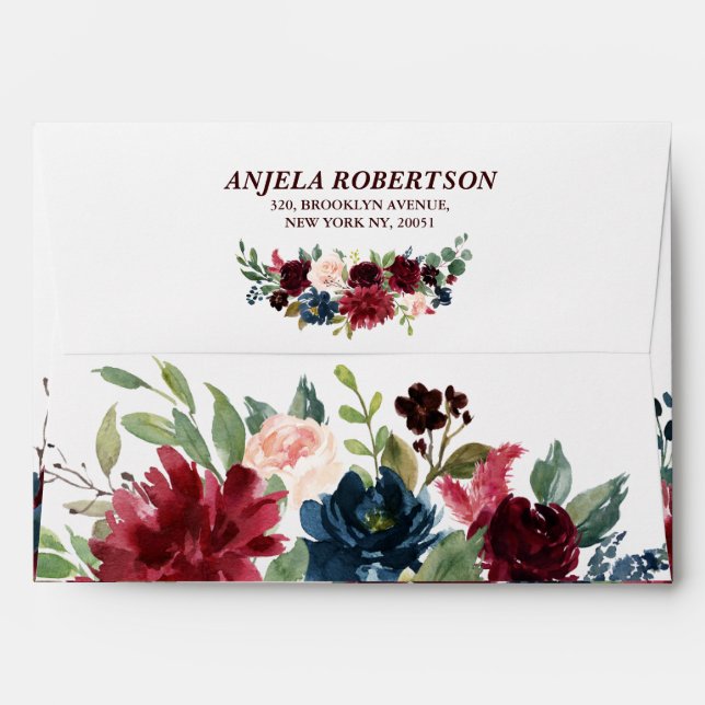 Burgundy Red Navy Floral Return Address Envelope (Back (Top Flap))