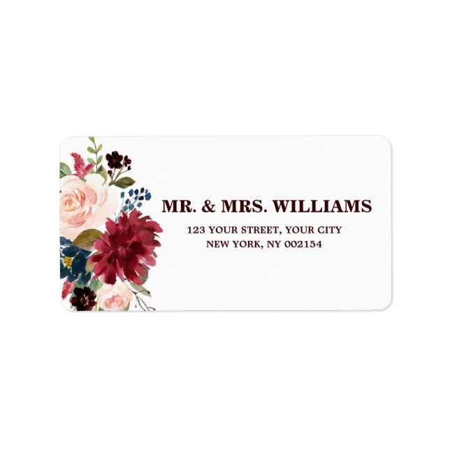 Burgundy Red Navy Floral Rustic Boho Address Label (Front)
