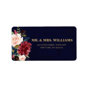 Burgundy Red Navy Floral Rustic Boho Address Label