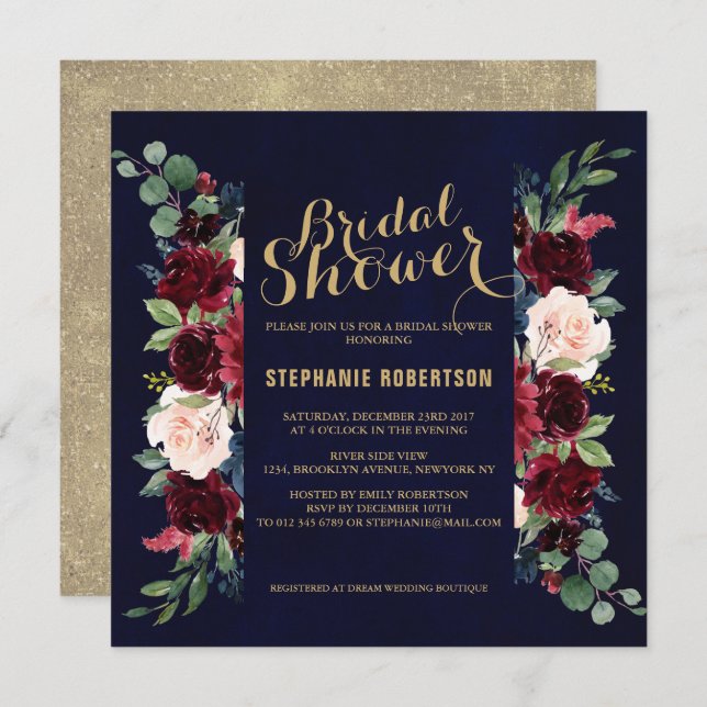 Burgundy Red Navy Floral Rustic Boho Bridal Shower Invitation (Front/Back)