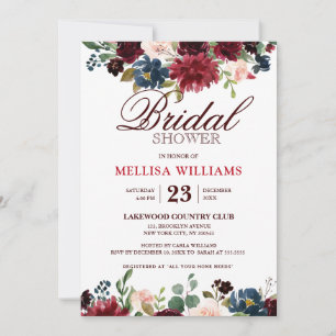 Burgundy Red Navy Floral Rustic Boho Bridal Shower Invitation