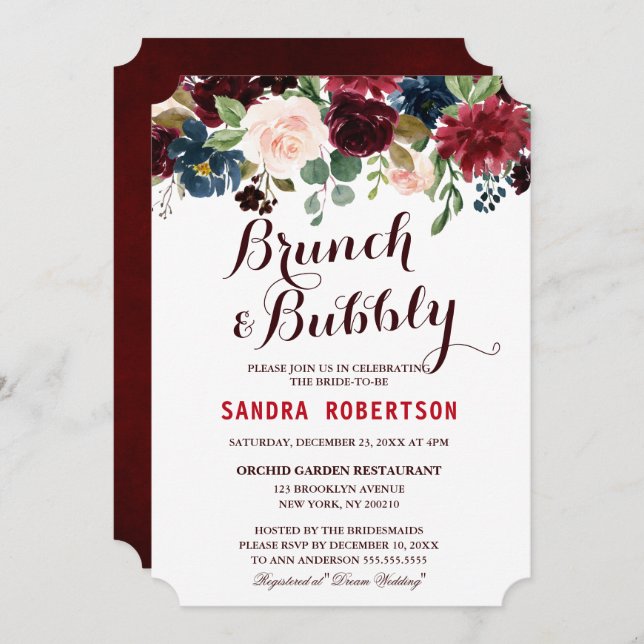 Burgundy Red Navy Floral Rustic Boho Bridal Shower Invitation (Front/Back)