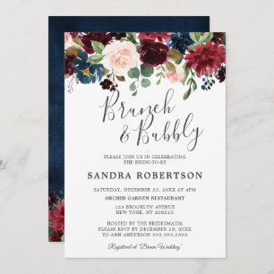 Burgundy Red Navy Floral Rustic Boho Bridal Shower Invitation
