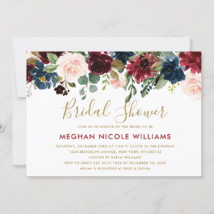 Burgundy Red Navy Floral Rustic Boho Bridal Shower Invitation