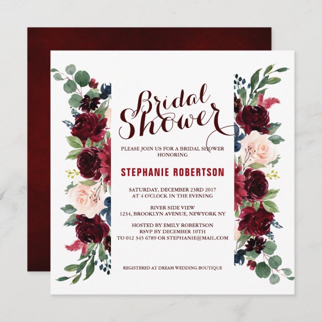 Burgundy Red Navy Floral Rustic Boho Bridal Shower Invitation (Front/Back)