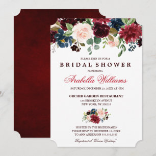 Burgundy Red Navy Floral Rustic Boho Bridal Shower Invitation