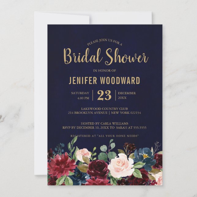 Burgundy Red Navy Floral Rustic Boho Bridal Shower Invitation (Front)