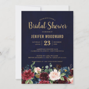 Burgundy Red Navy Floral Rustic Boho Bridal Shower Invitation