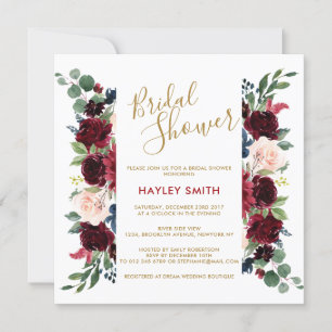 Burgundy Red Navy Floral Rustic Boho Bridal Shower Invitation