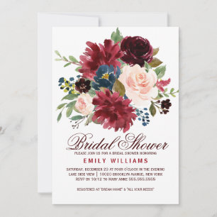 Burgundy Red Navy Floral Rustic Boho Bridal Shower Invitation