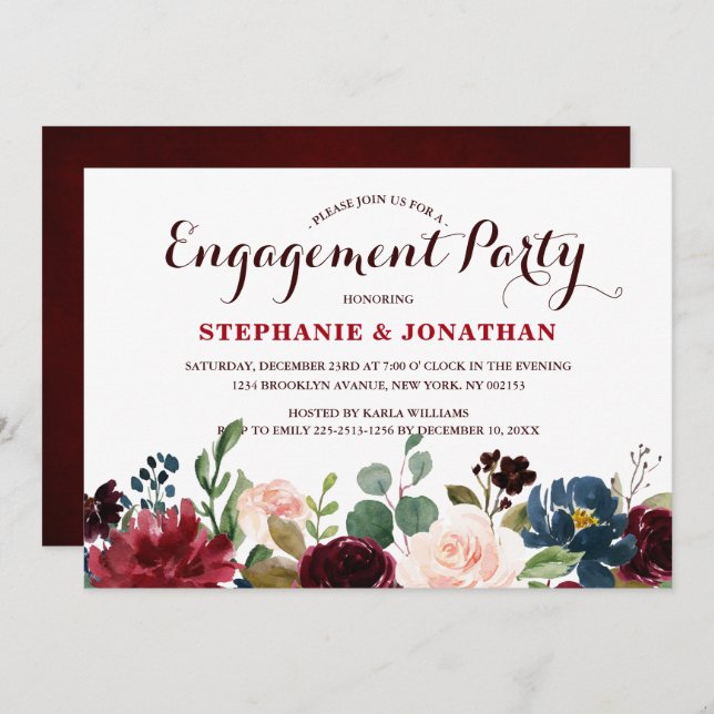 Burgundy Red Navy Floral Rustic Boho Engagement Invitation (Front/Back)