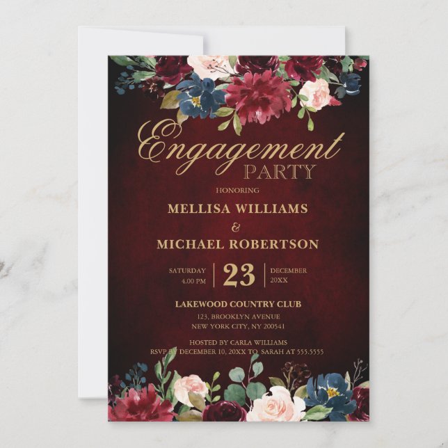 Burgundy Red Navy Floral Rustic Boho Engagement Invitation (Front)