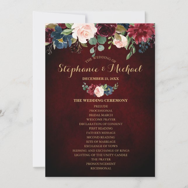 Burgundy Red Navy Floral Rustic Boho Fan Front Invitation (Front)