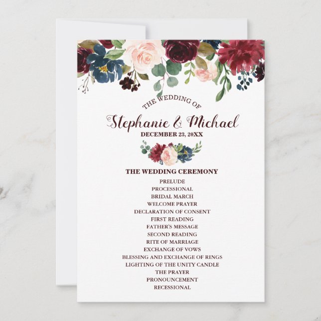 Burgundy Red Navy Floral Rustic Boho Fan Front Invitation (Front)