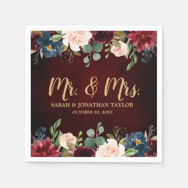 Burgundy Red Navy Floral Rustic Boho Paper Napkin (Front)