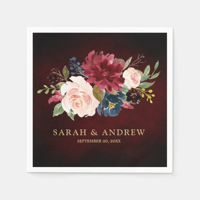 Burgundy Red Navy Floral Rustic Boho Paper Napkin (Front)